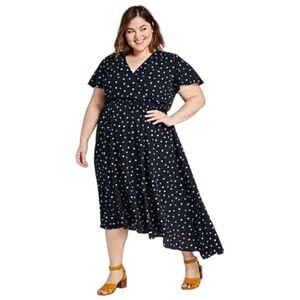 Lane Bryant Womens Midi Dress Size 22 24 Blue White Polka Dot Flutter Sleeve NWT
